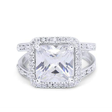 Halo Split Shank Engagement Ring Simulated CZ 925 Sterling Silver